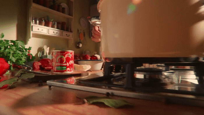 A kitchen countertop with a gas stove, a potted plant, and various kitchen items on shelves and counters.