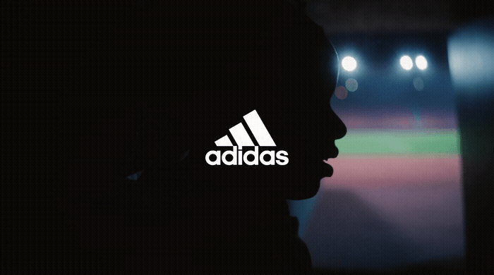 Silhouette of a person with an Adidas logo on their face inside a vehicle, with a blurred cityscape outside the window at night.