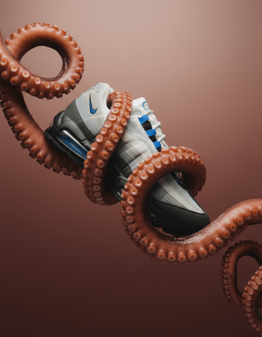 A pair of Nike athletic shoes surrounded and intertwined with large, realistic octopus tentacles against a pink background.