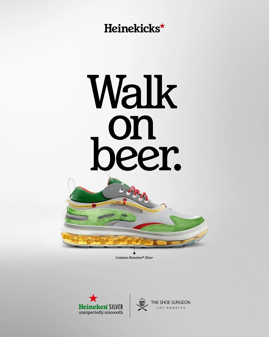 Advertisement for Heinekicks featuring a colorful sneaker with the slogan 'Walk on beer.' The shoe contains Heineken Silver, as indicated by the label. The ad includes logos for Heineken Silver and The Shoe Surgeon Los Angeles.