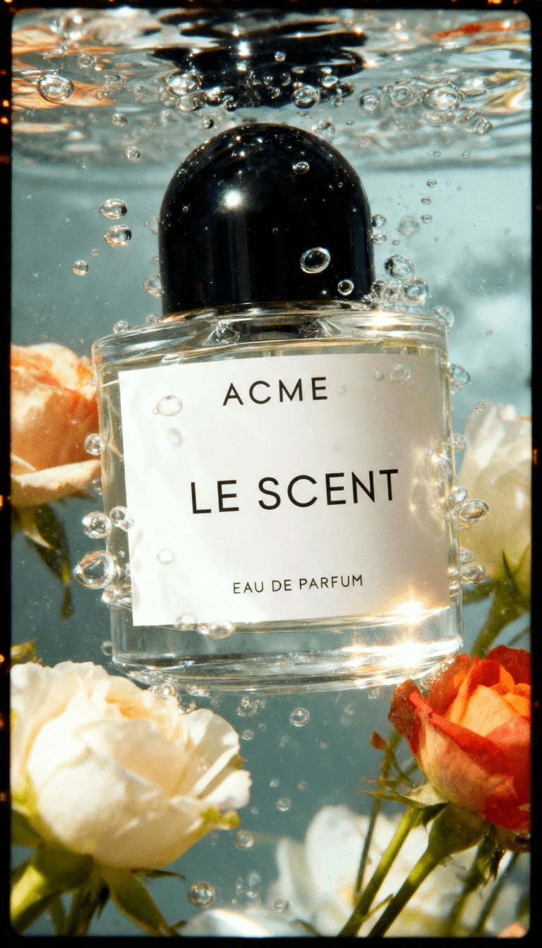 A bottle of Acme Le Scent Eau de Parfum submerged in water with bubbling around it, surrounded by white and peach-colored roses.