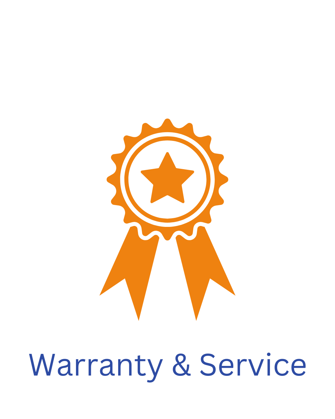 Orange warranty ribbon with a star in the center, captioned "Warranty & Service".