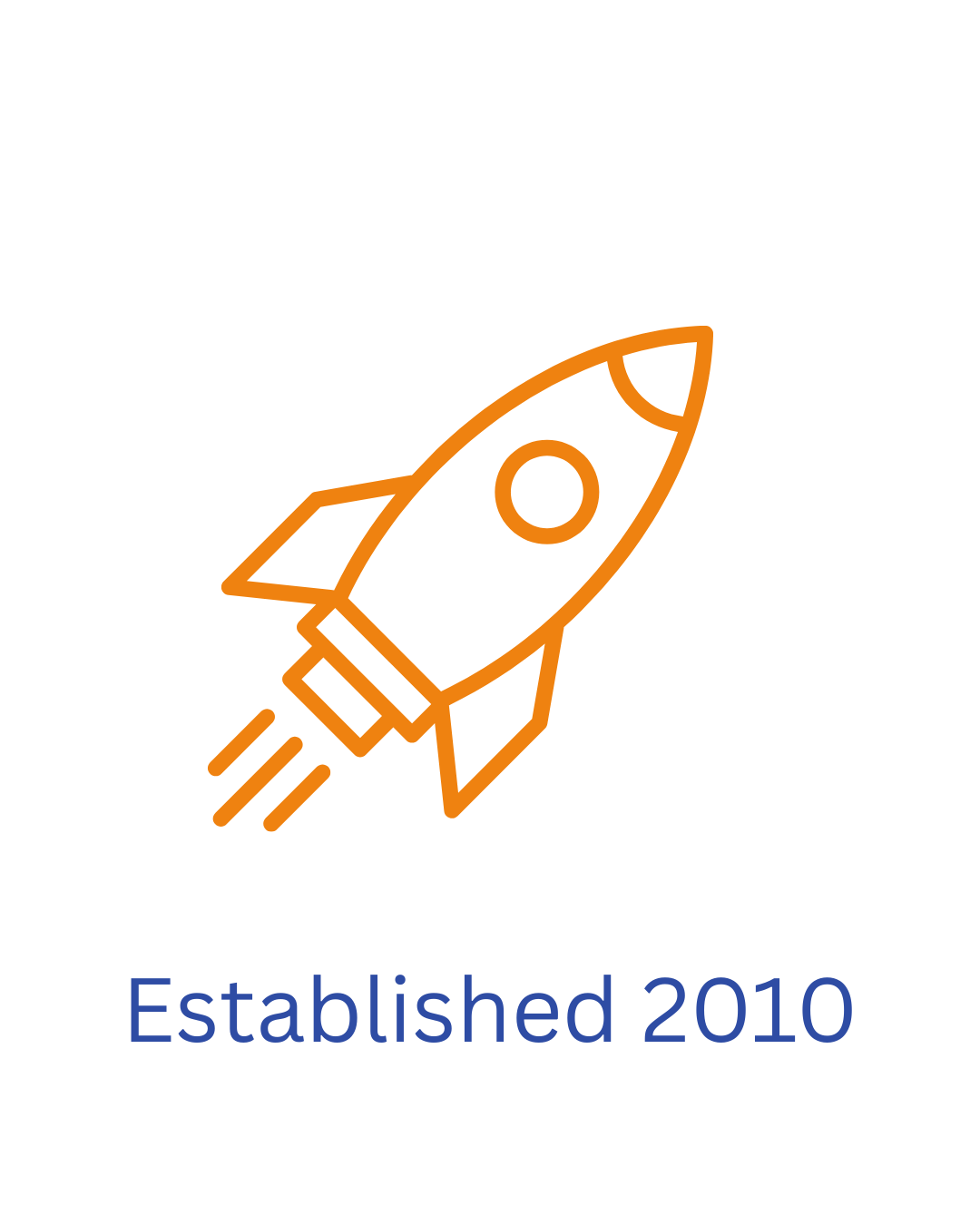 Line drawing of a rocket ship with the text 'Established 2010' below it.