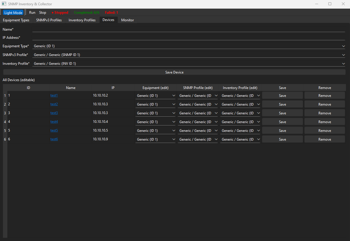 Screenshot of SNMP Inventory & Collector software interface displaying device data. The interface shows multiple network devices with details like IDs, names, IP addresses, equipment types, profiles, and options to save or remove each device.