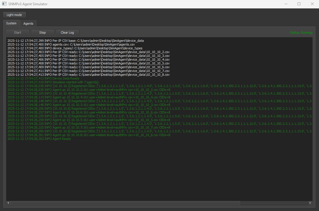 Screenshot of a software interface titled 'SNMPv3 Agent Simulator,' showing log entries related to device data, agent status, and system details with timestamps, system status as 'Running' in green, and options to start, stop, or clear logs.