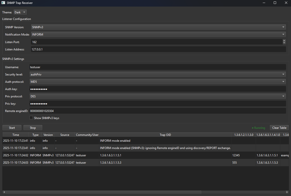 Screenshot of SNMP Trap Receiver software configuring SNMPv3 with user 'testuser', security level 'authPriv', and encryption keys, showing status logs and settings.