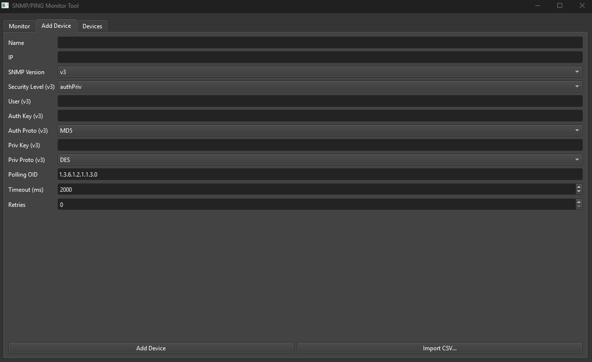 Screenshot of SNMP/PING Monitor Tool displaying device configuration with fields such as SNMP Version v3, Security Level authPriv, Auth Protocol MD5, Privacy Protocol DES, Polling OID 1.3.6.1.2.1.1.3.0, Timeout 2000 ms, and Retries 0.