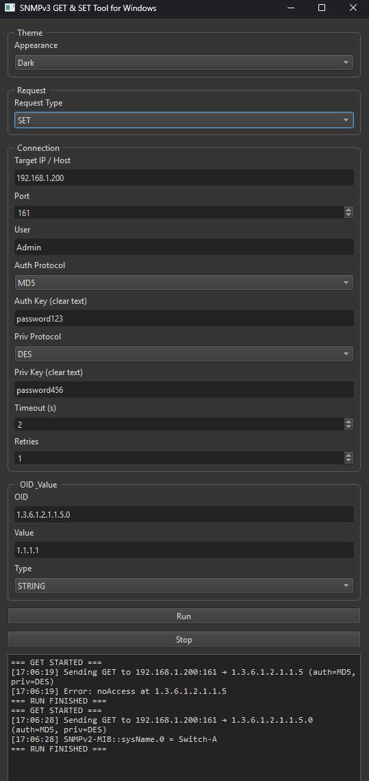 Screenshot of a Windows SNMPv3 GET & SET tool interface with dark theme, showing connection details such as IP address 192.168.1.200, port 161, user 'Admin', authentication protocol MD5, password 'password123', privacy protocol DES, privacy key 'password456', timeout of 2 seconds, and 1 retry; also displays OID value 1.1.1.1.1 and logs of GET requests and responses.
