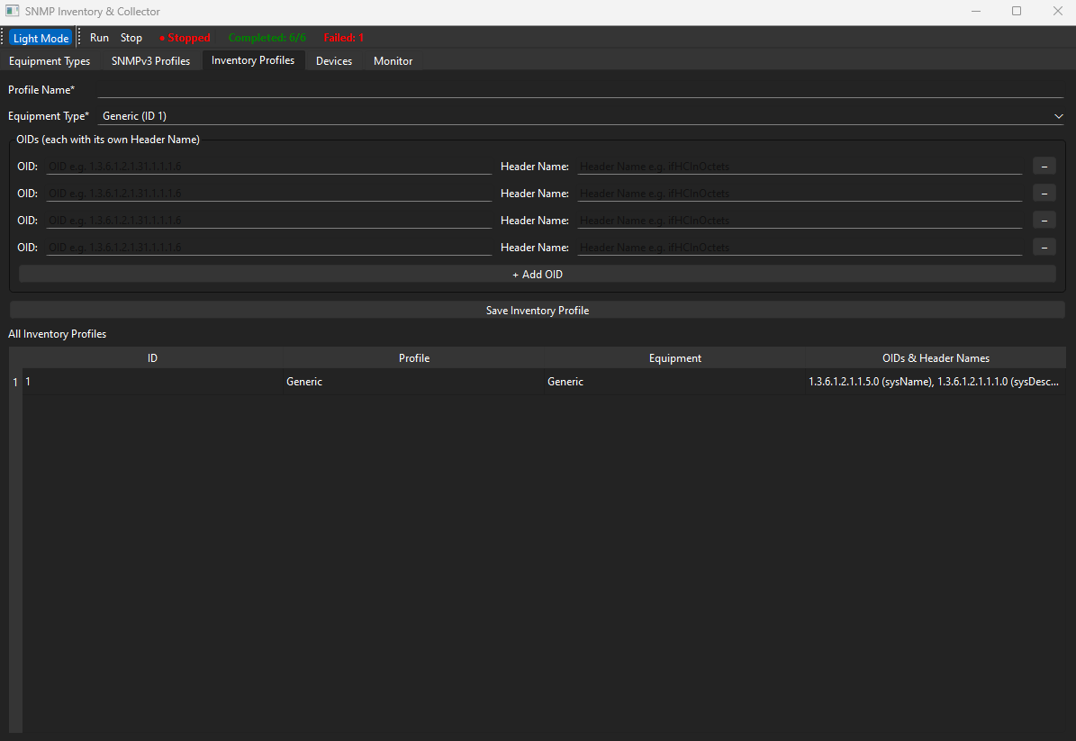 Screenshot of SNMP Inventory & Collector software interface displaying inventory profiles with one profile named 'Generic' containing equipment and OID details.