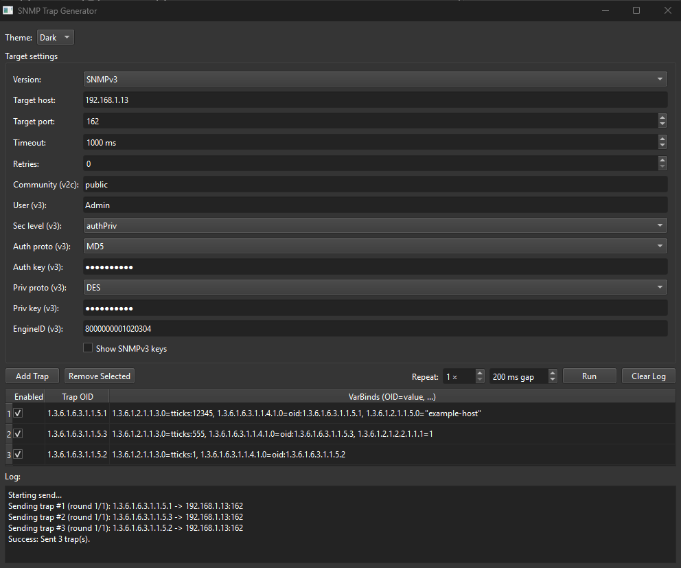 Screenshot of SNMP Trap Generator software window with dark theme, showing target settings, trap configurations, and log details.