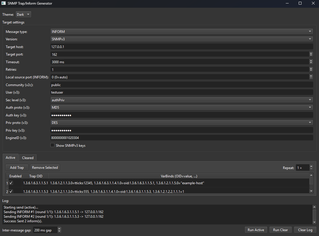Screenshot of SNMP Trap/Inform Generator software interface showing configuration settings for generating SNMP traps and informs, including community, user, security level, authentication, and trap IDs.