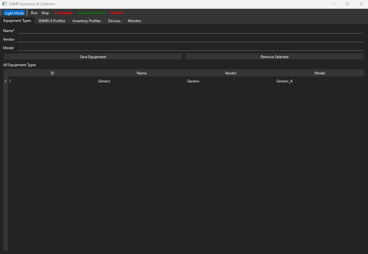 Screenshot of SNMP Inventory & Collector software displaying equipment details, with status indicators at the top showing completed, stopped, and failed counts.