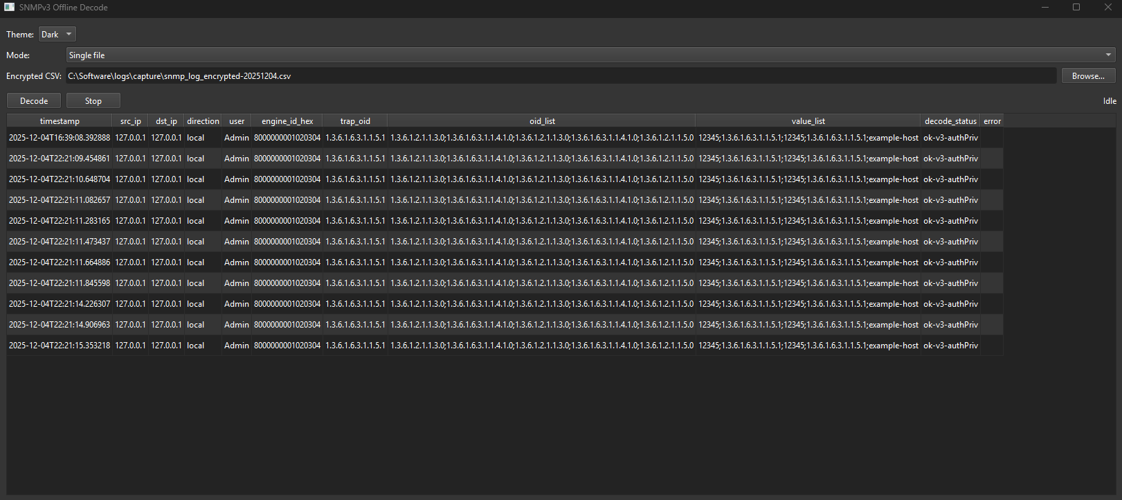 Screenshot of SNMPv3 log decoder showing encrypted log entries with timestamp, source IP, destination IP, user, engine ID, trap OID, and value list details.