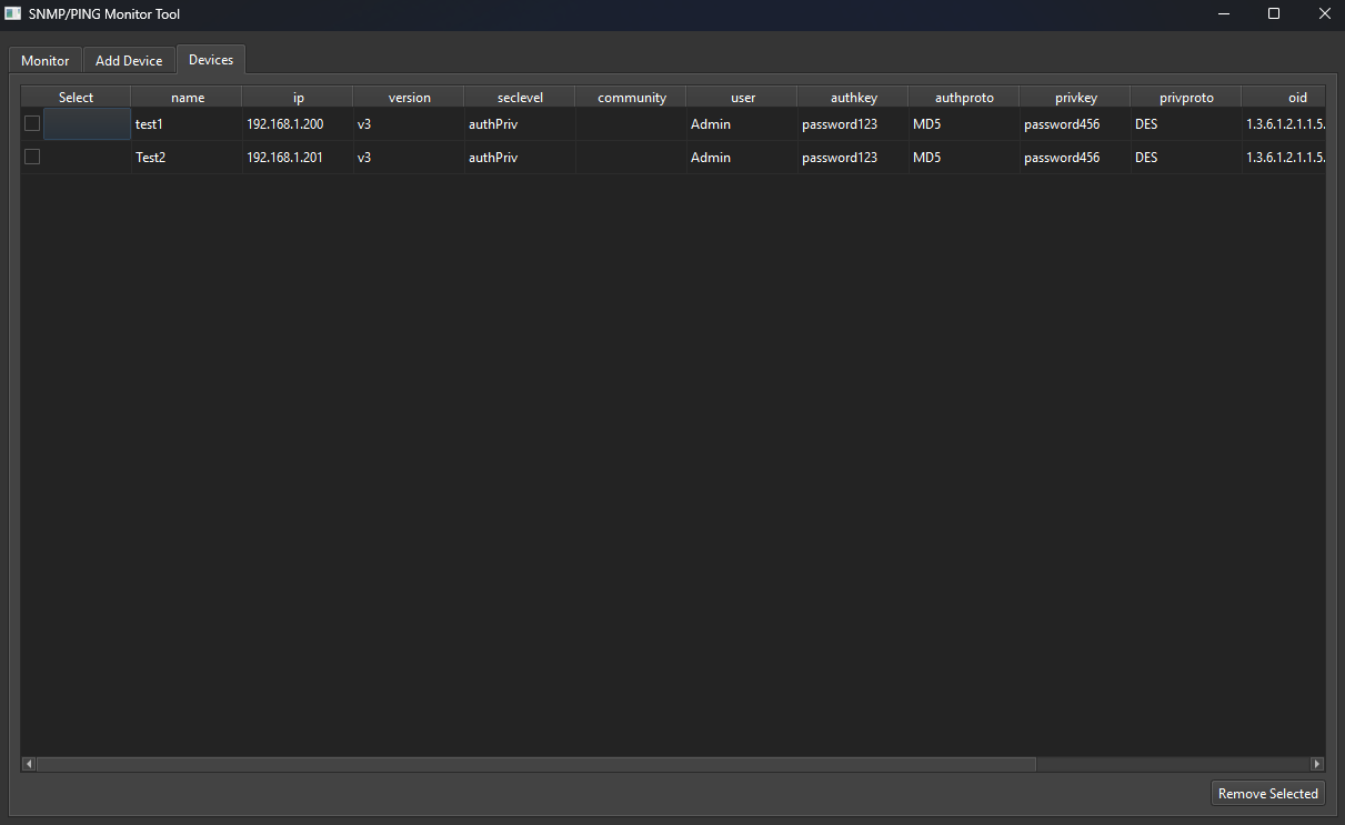 Screenshot of SNMP/PING Monitor Tool displaying device details like IP address, name, version, community, user, authkey, authproto, privkey, privproto, and oid for two devices named test1 and Test2.