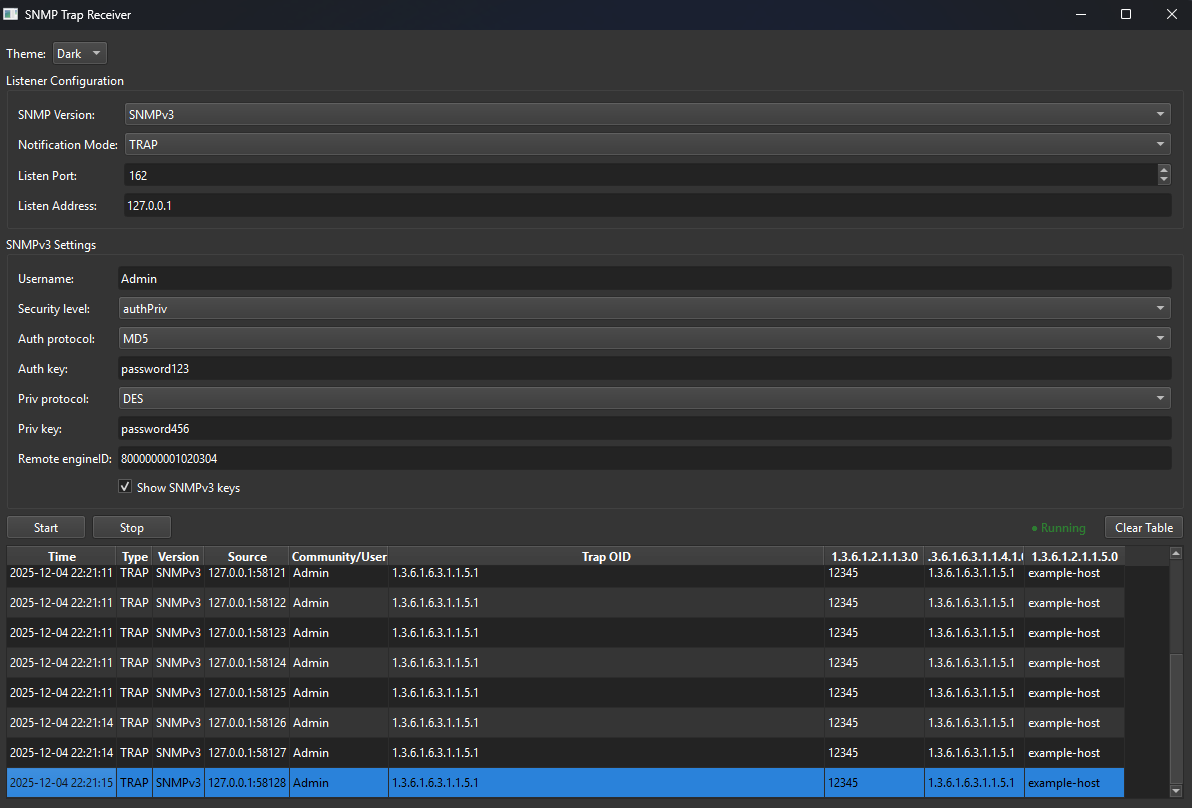 Screenshot of a network security application showing SNMP Trap Receiver configuration, including settings, user credentials, encryption keys, and a table of logged trap events with timestamps and community strings.