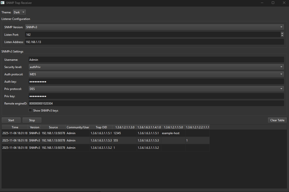 Screenshot of a network monitoring or SNMP trap receiver software interface with configuration settings and a log table displaying recent trap events.