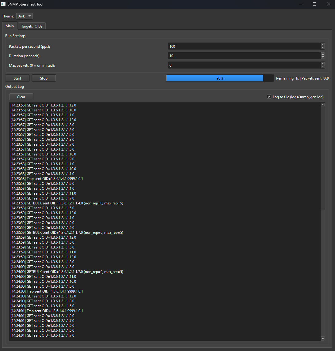 Screenshot of SNMP Stress Test Tool with settings for packet rate, duration, and maximum packets, showing a progress bar at 90%, and an output log of GET and TRAP requests with OID values.