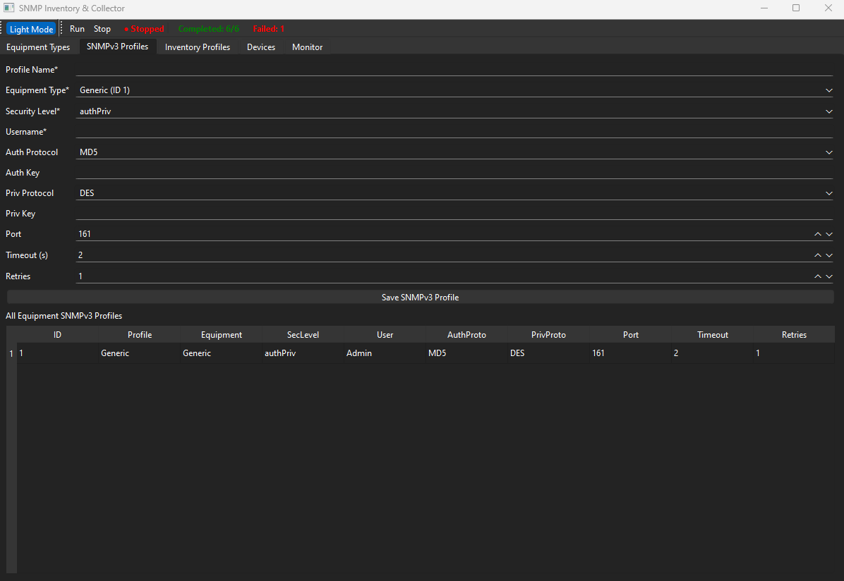Screenshot of SNMP Inventory & Collector software showing a profile named 'Generic', equipment type 'Generic (ID 1)', security level 'authPriv', username, MD5 authentication protocol, DES privacy protocol, port 161, timeout 2 seconds, and 1 retry. The profile details are listed in a table.