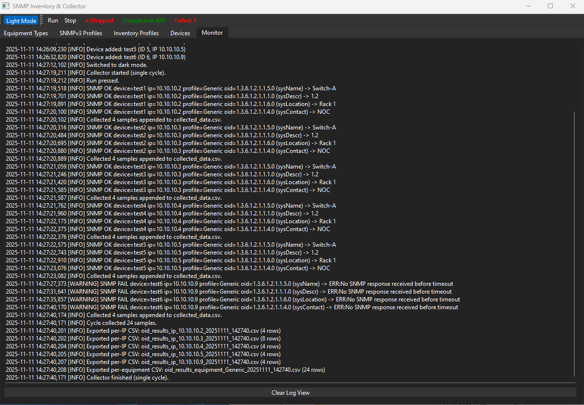 Screenshot of SNMP Inventory & Collector software showing log details and status messages.