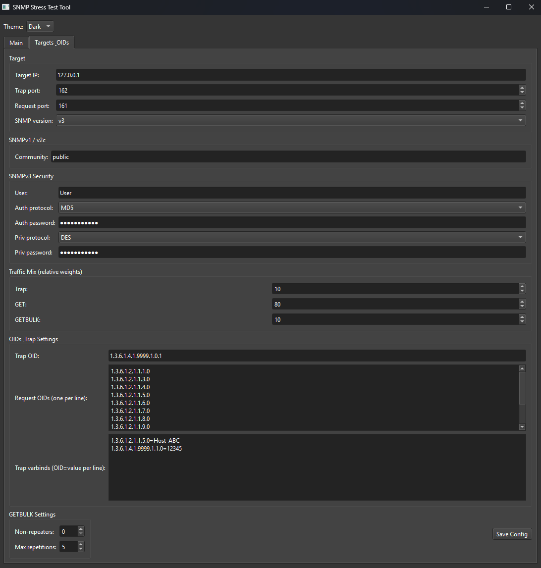 Screenshot of a SNMP Stress Test Tool interface with dark theme, showing configuration settings for target IP, trap port, request port, SNMP version, community, security protocols, traffic mix, trap settings, and OID details.