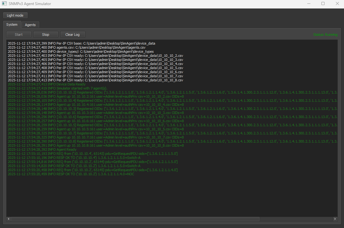 Screenshot of SNMPv3 Agent Simulator interface showing system status, logs, and agent information with timestamps and network details.