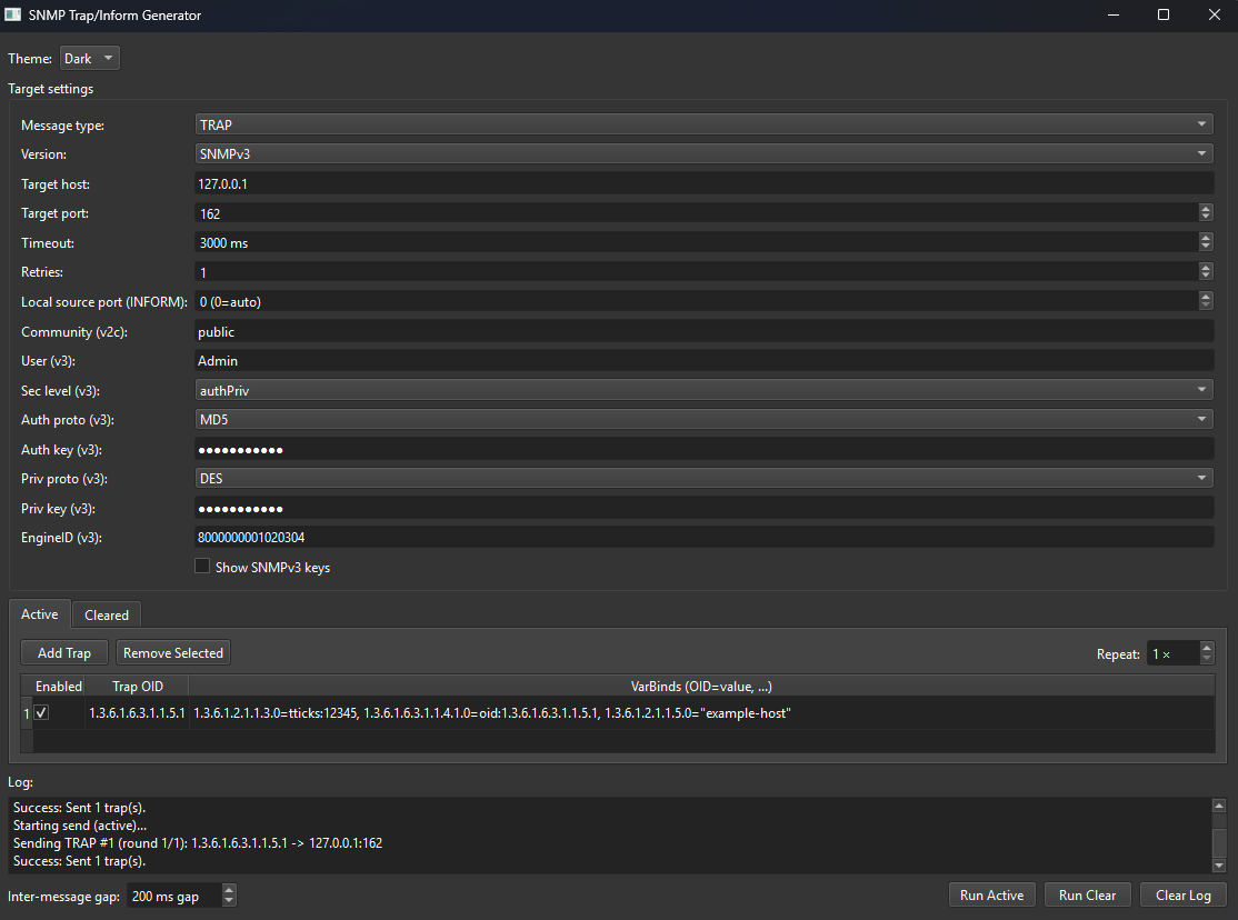 Screenshot of a network management tool called SNMP Trap/Inform Generator. The interface shows settings for generating SNMP traps, including target host 127.0.0.1, port 162, and community 'public'. There is a single enabled trap with its OID and description. The log at the bottom indicates a successful trap sent to the target.