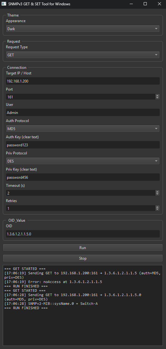 A screenshot of a Windows application used for sending SNMP GET requests, with settings for dark theme, GET request, target IP 192.168.1.200, port 161, user admin, MD5 auth protocol, password password123, DES privacy protocol, password password456, timeout 2 seconds, 1 retry, and OID 1.3.6.1.2.1.1.5.0. The log shows an attempted GET request to the target IP, resulting in a no access error, with a message indicating the request was sent and the error encountered.