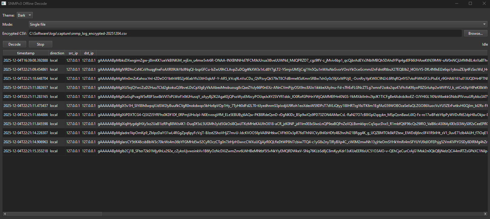 Screenshot of SNMPv3 Offline Decode software displaying a log file with encrypted SNMP data, including timestamps, IP addresses, and encrypted messages.