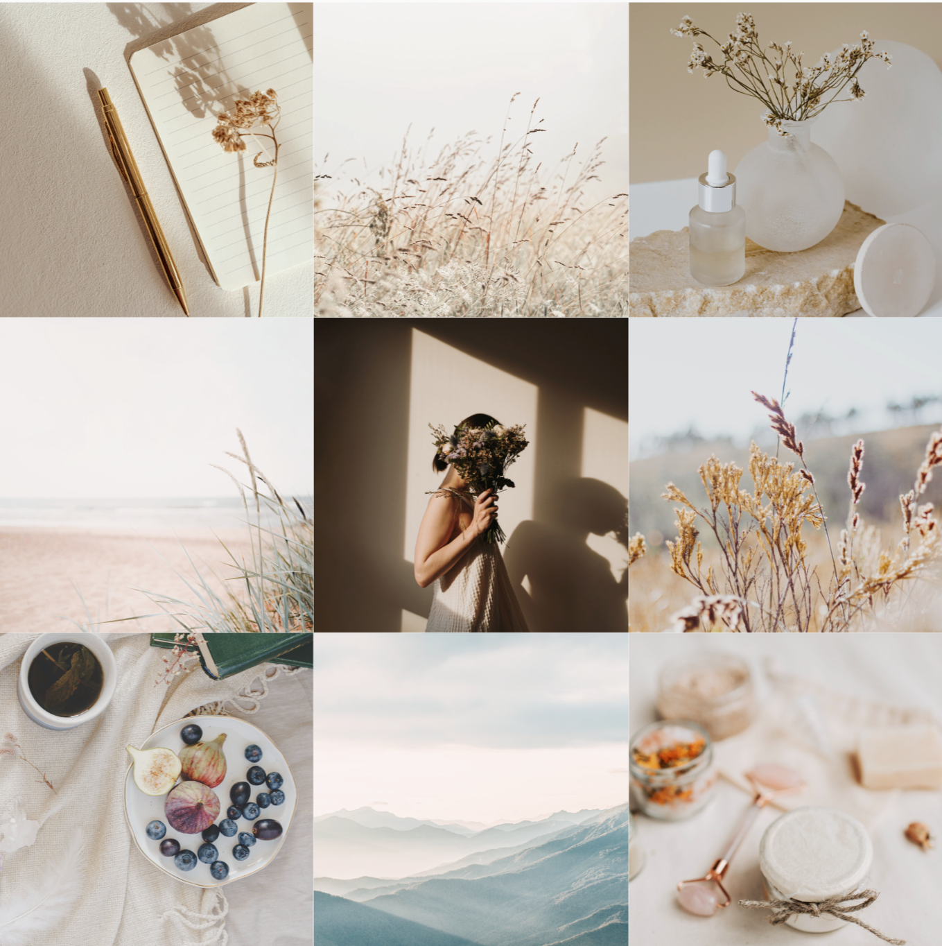 Neutral lifestyle mood board featuring soft beige and cream tones: dried grasses, minimal desk flatlays, ceramic skincare bottles, beach horizon, woman holding dried florals in warm window light, cozy breakfast scene with figs and blueberries, misty 
