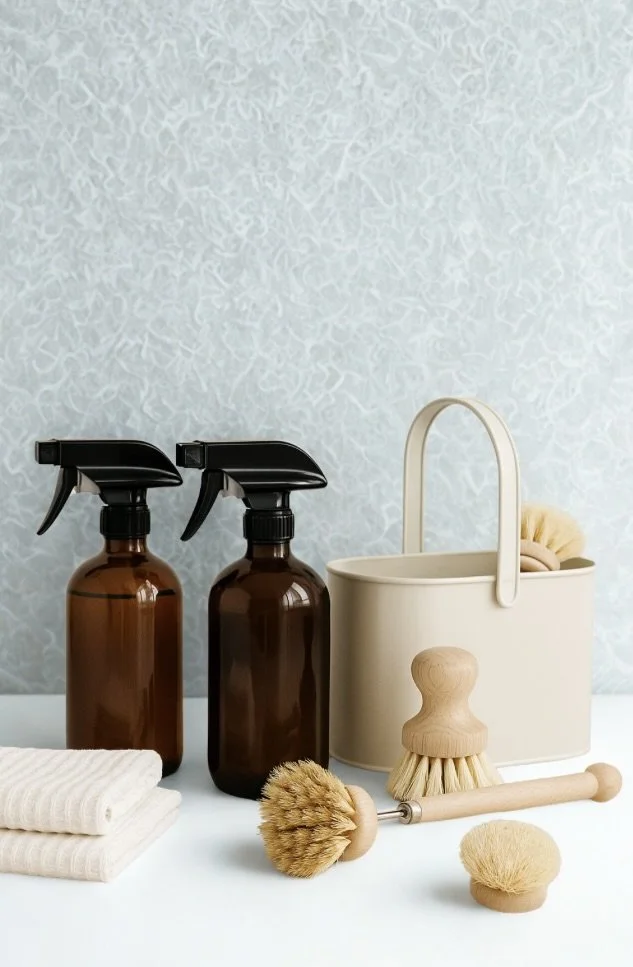 Neutral cleaning essentials arranged on a white surface: amber spray bottles with black tops, soft beige cleaning cloths, natural bristle scrub brushes, and a cream caddy. Minimal, modern, eco-friendly home aesthetic