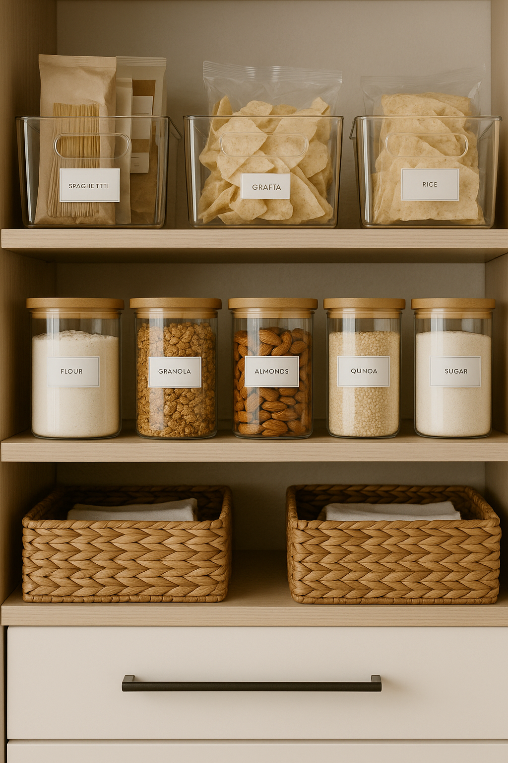 organized pantry shelf with clear acrylic bins, labeled glass jars with bamboo lids, and woven baskets in a modern neutral kitchen #HomeOrganization #AmazonFinds