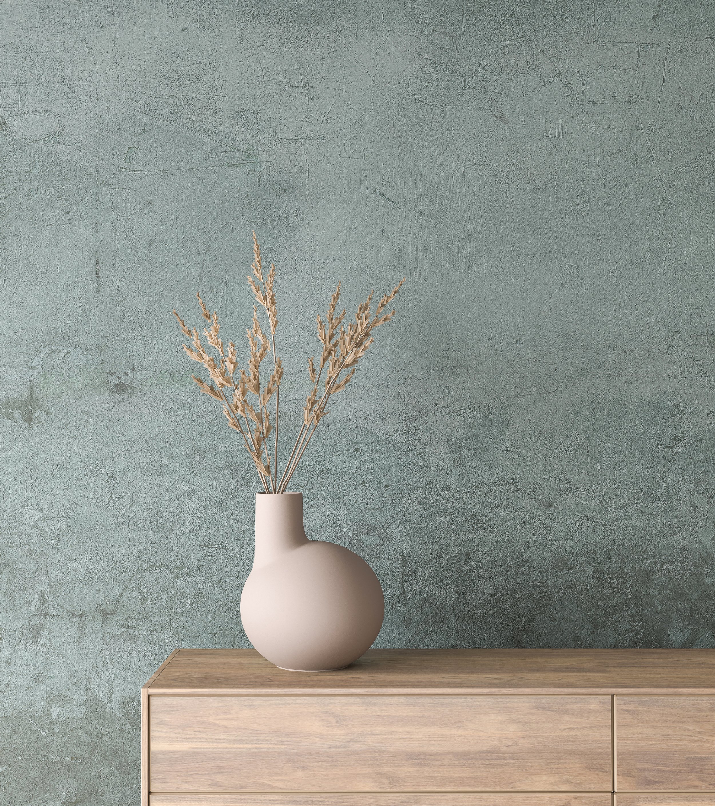 modern neutral décor with matte beige vase holding dried stems on a light wood dresser against a textured sage wall #HomeDecor #NeutralAesthetic #ModernLuxe