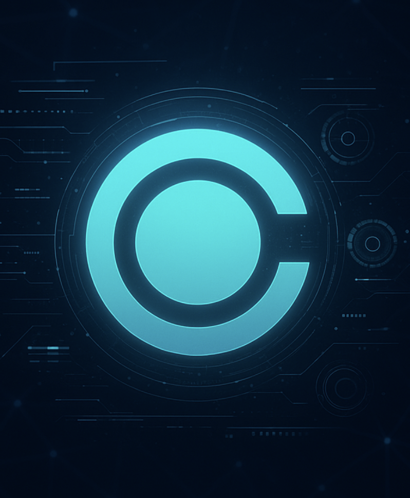 Interfaz de tecnología con un círculo brillante en azul en el centro y detalles digitales en el fondo.