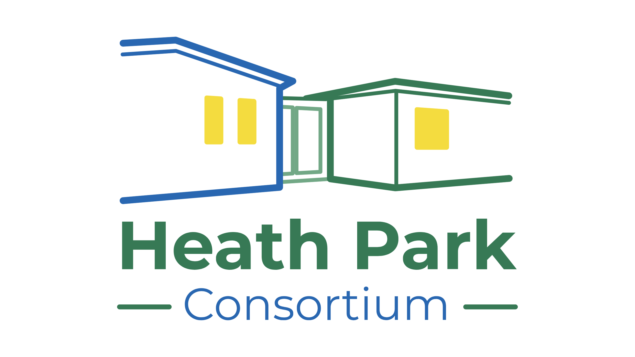 A logo for Heath Park Consortium featuring a stylized illustration of two interconnected buildings with yellow windows, and text in green and blue that reads "Heath Park Consortium".