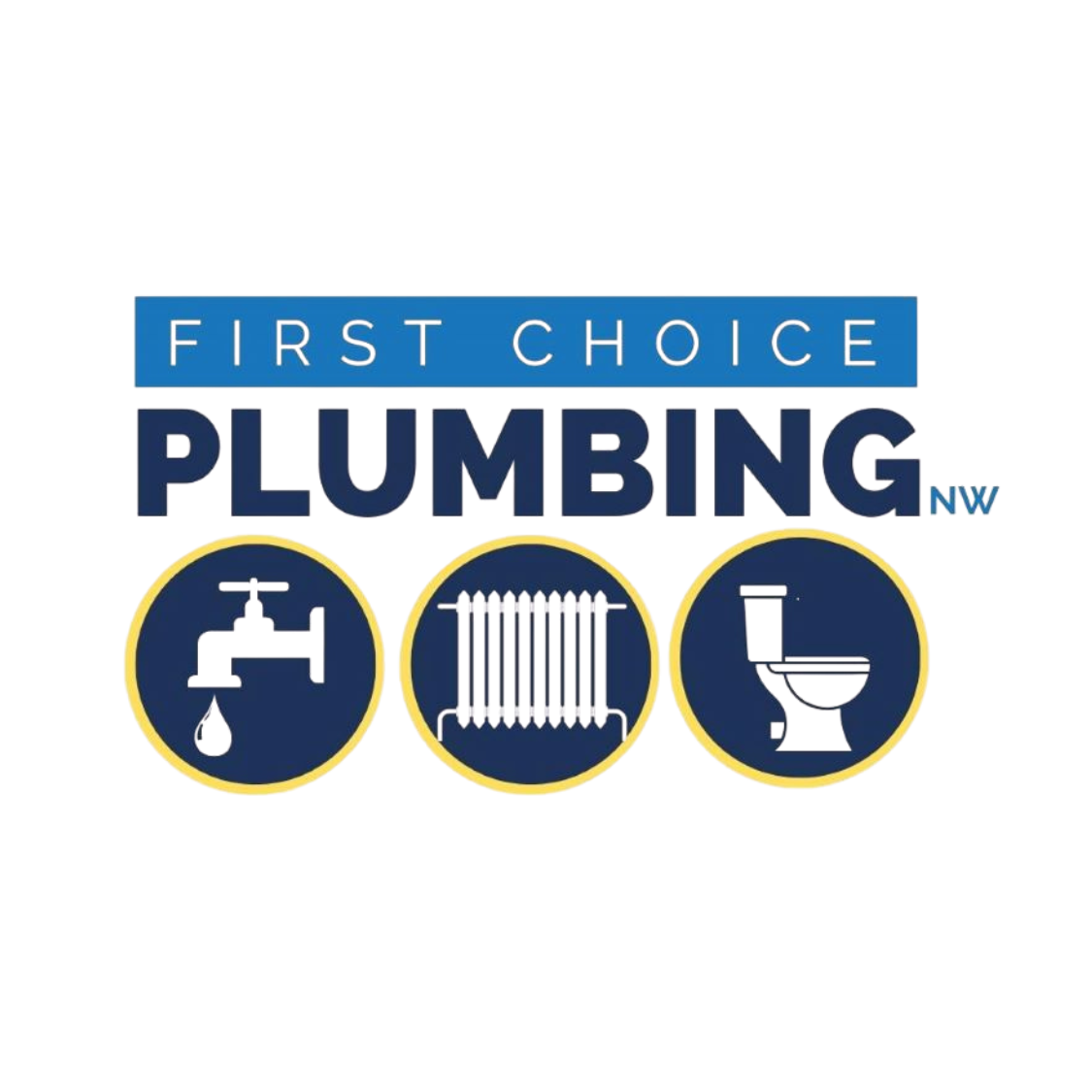 Logo for a plumbing company with the words "First Choice Plumbing" and icons of a faucet, radiator, and toilet.