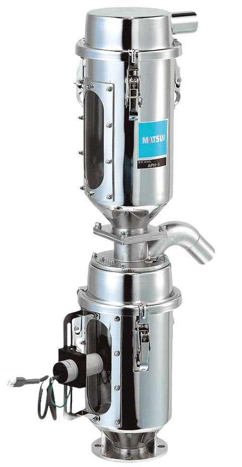 Two part cylinder one area for dust catching one for mixing showing the dual action of the matsui plastic aeropower hopper feeder for plastic material moulding