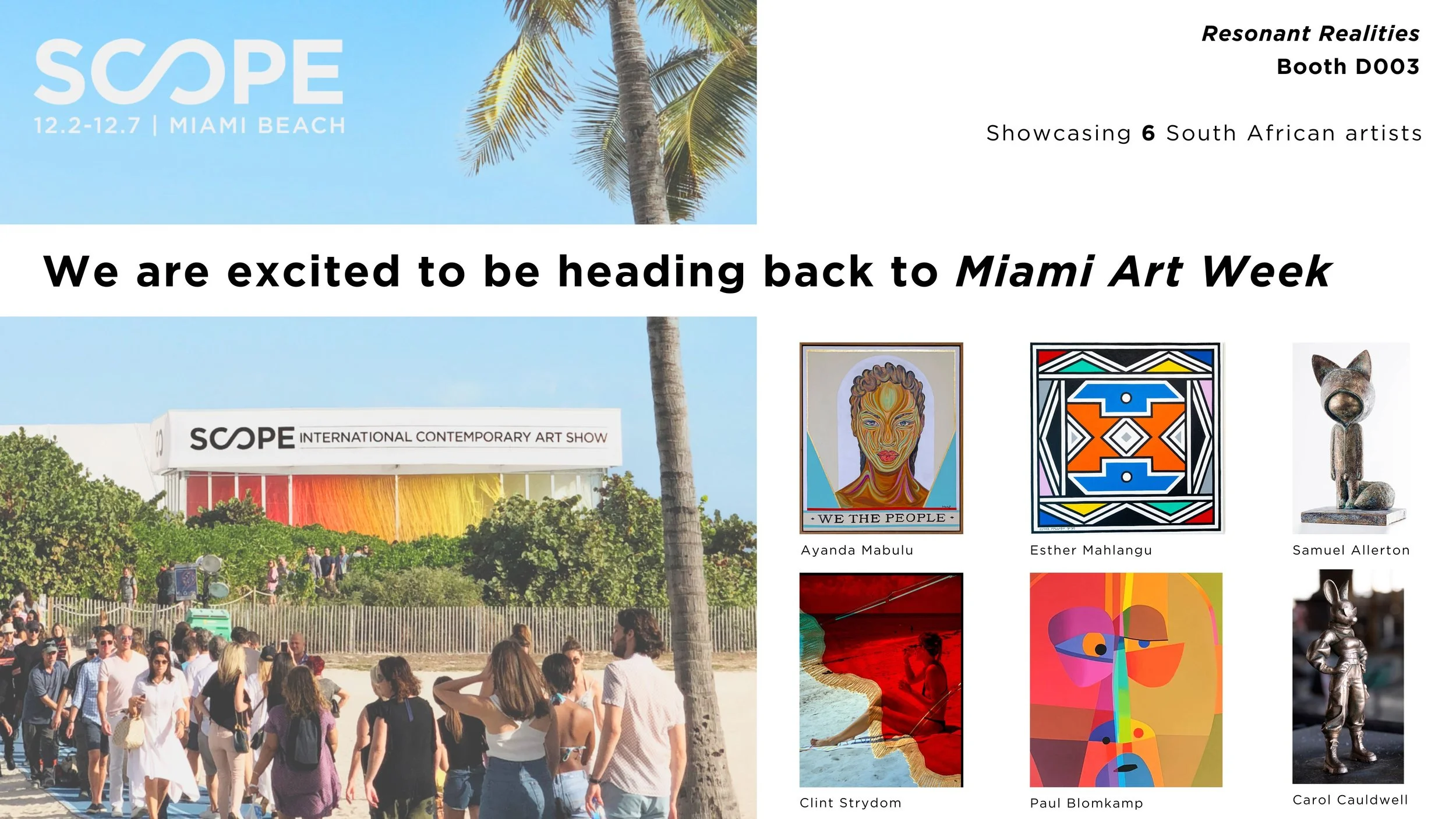 People line up outside the Scope International Contemporary Art Show at Miami Beach, with a backdrop of a building and palm tree. The event promotes an upcoming return to Miami Art Week and features six South African artists: Ayanda Mabulu, Esther Ma