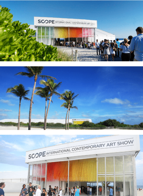 Photos of the SCOPE International Contemporary Art Show venue on a sunny day, with visitors entering and palm trees in the background.