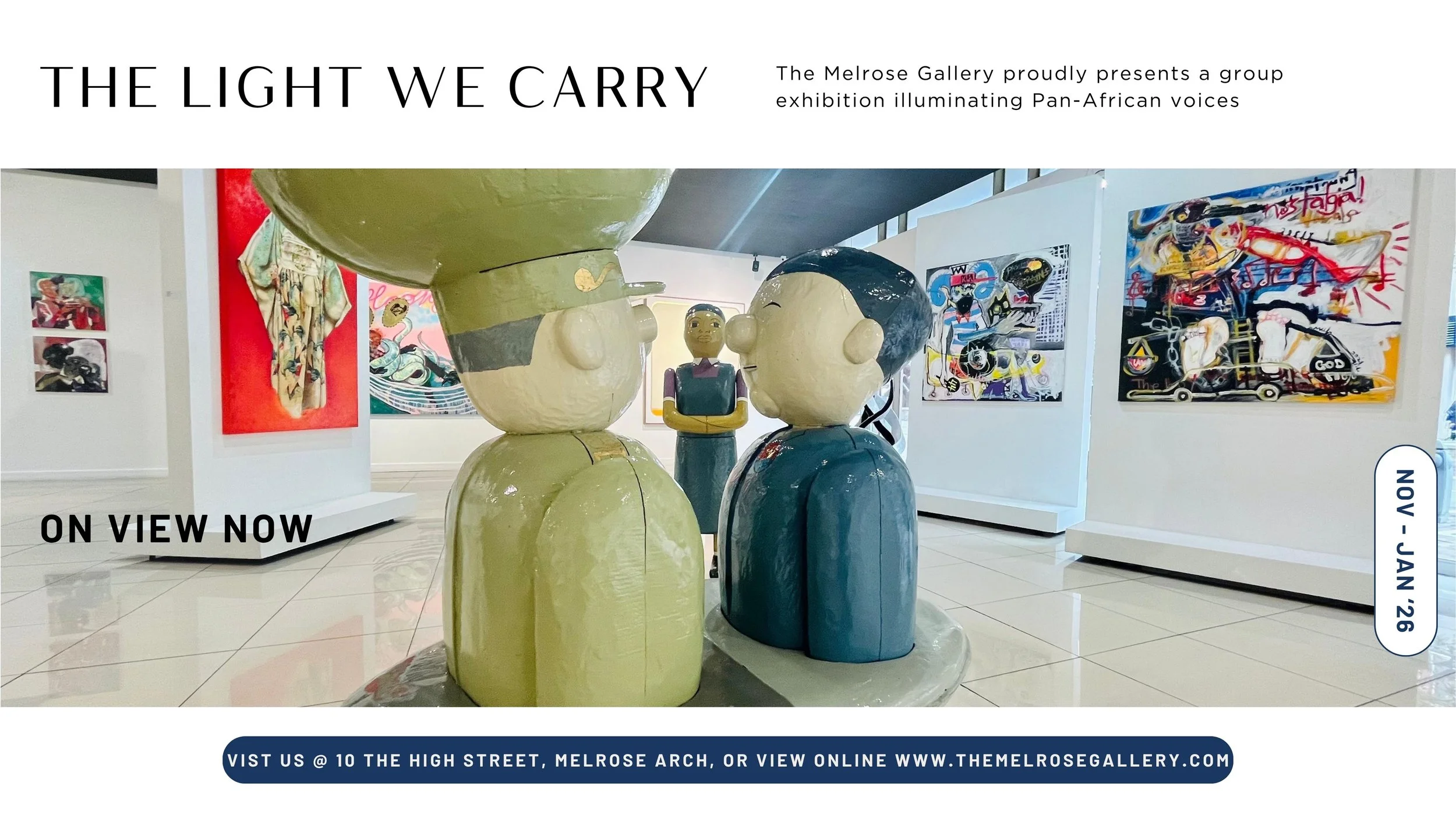 Art exhibition at The Melrose gallery in Johannesburg South Africa featuring sculptures and contemporary colorful abstract paintings by African artists