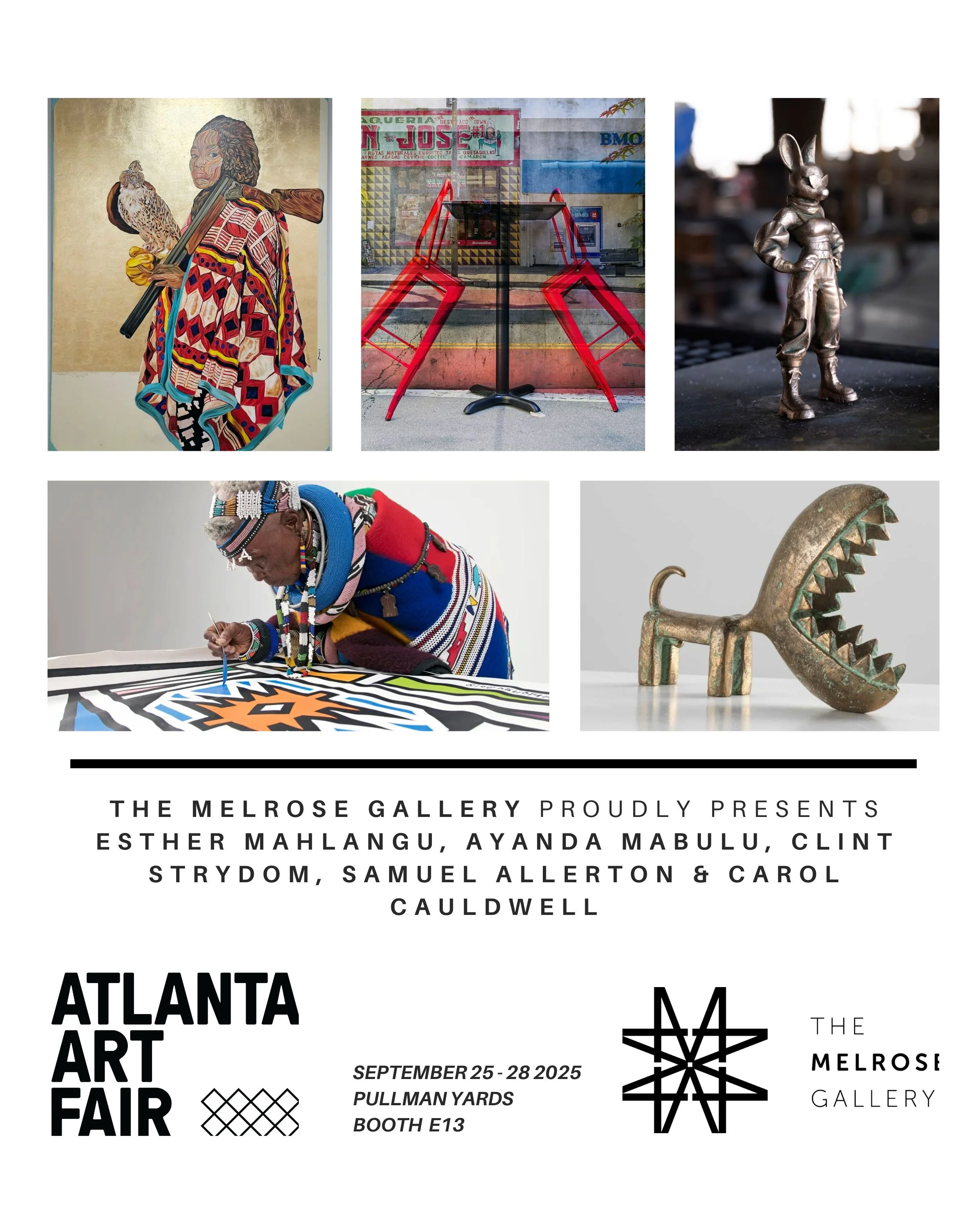 Poster for Atlanta Art Fair at The Melrose Gallery, September 25-28, 2025, featuring contemporary art including paintings, sculptures, and cultural artifacts by various artists.