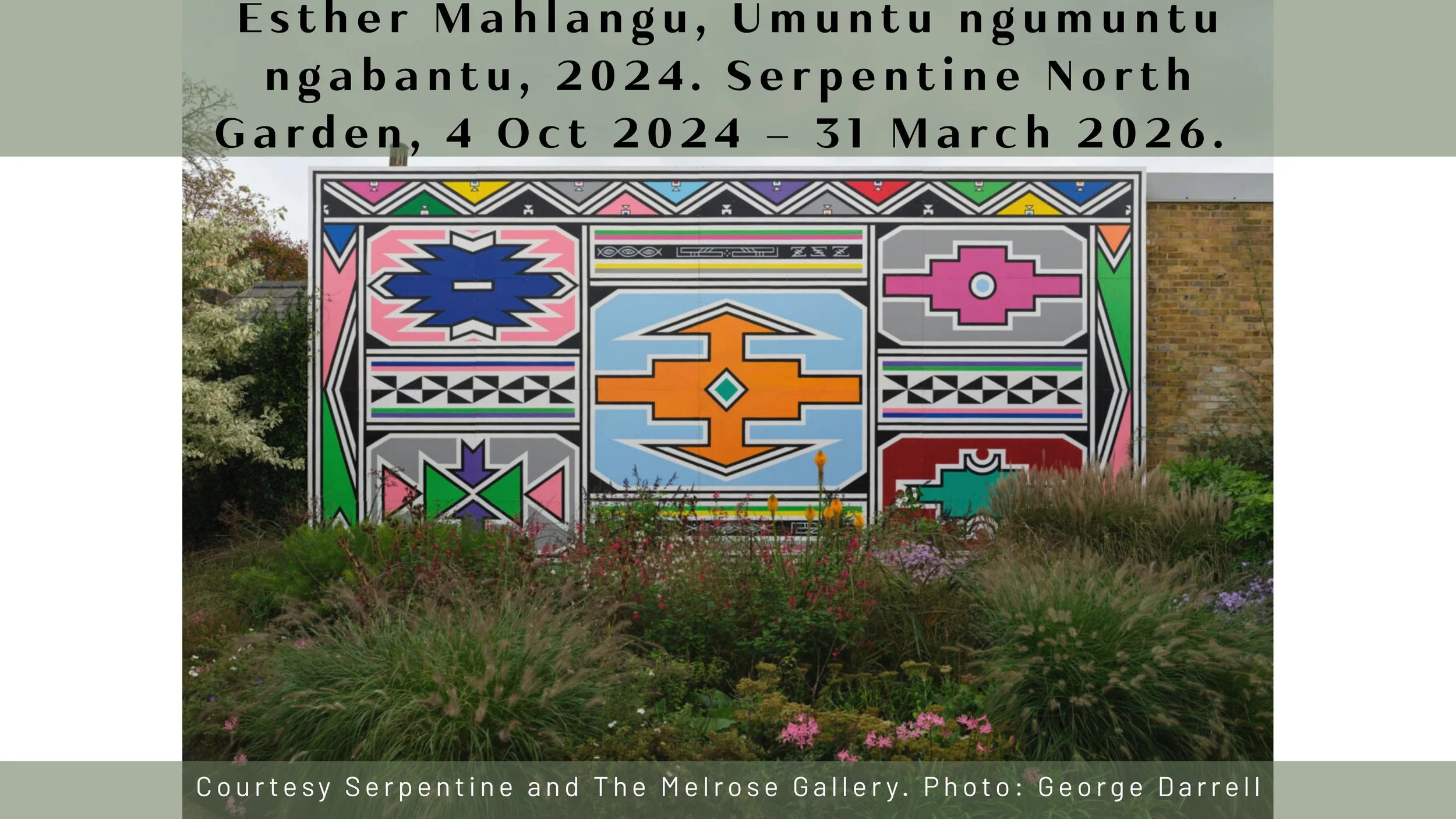 Colorful geometric mural in traditional Ndebele design by acclaimed visual artist, Dr. Esther Mahlangu at the Serpentine Museum, North garden in London United Kingdom