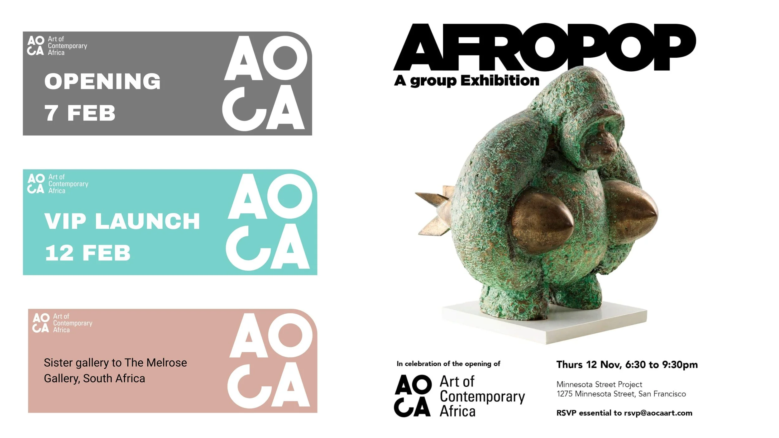 Gallery poster for Art of Contemporary Africa exhibition with details of opening, VIP launch, , featuring Samuel Allerton bronze sculpture, gorilla called Rogue