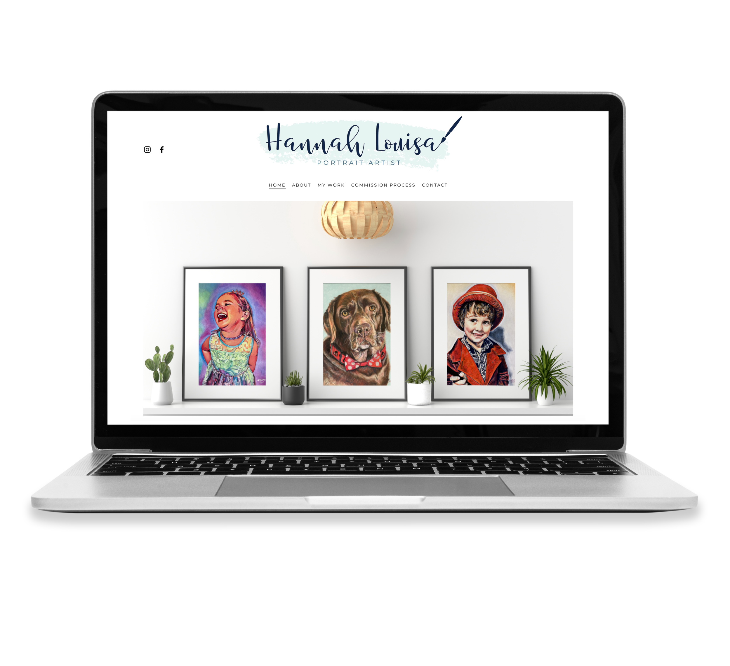 Laptop displaying an art portfolio website with framed portrait illustrations of a laughing girl, a dog, and a smiling boy, with plants on each side of the frames.