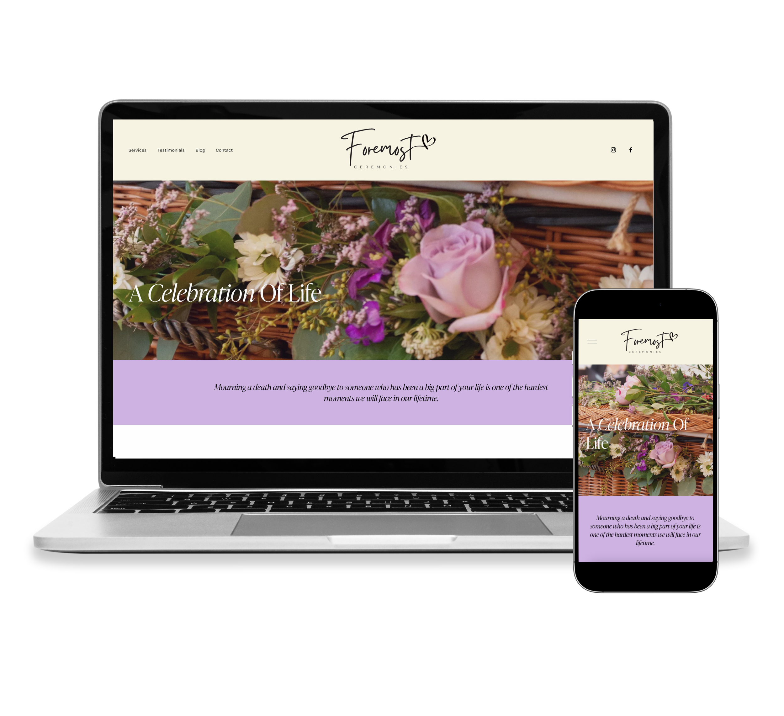 Website displayed on laptop and smartphone screens showing floral arrangements and the text "A Celebration Of Life" and a quote about mourning a loved one.