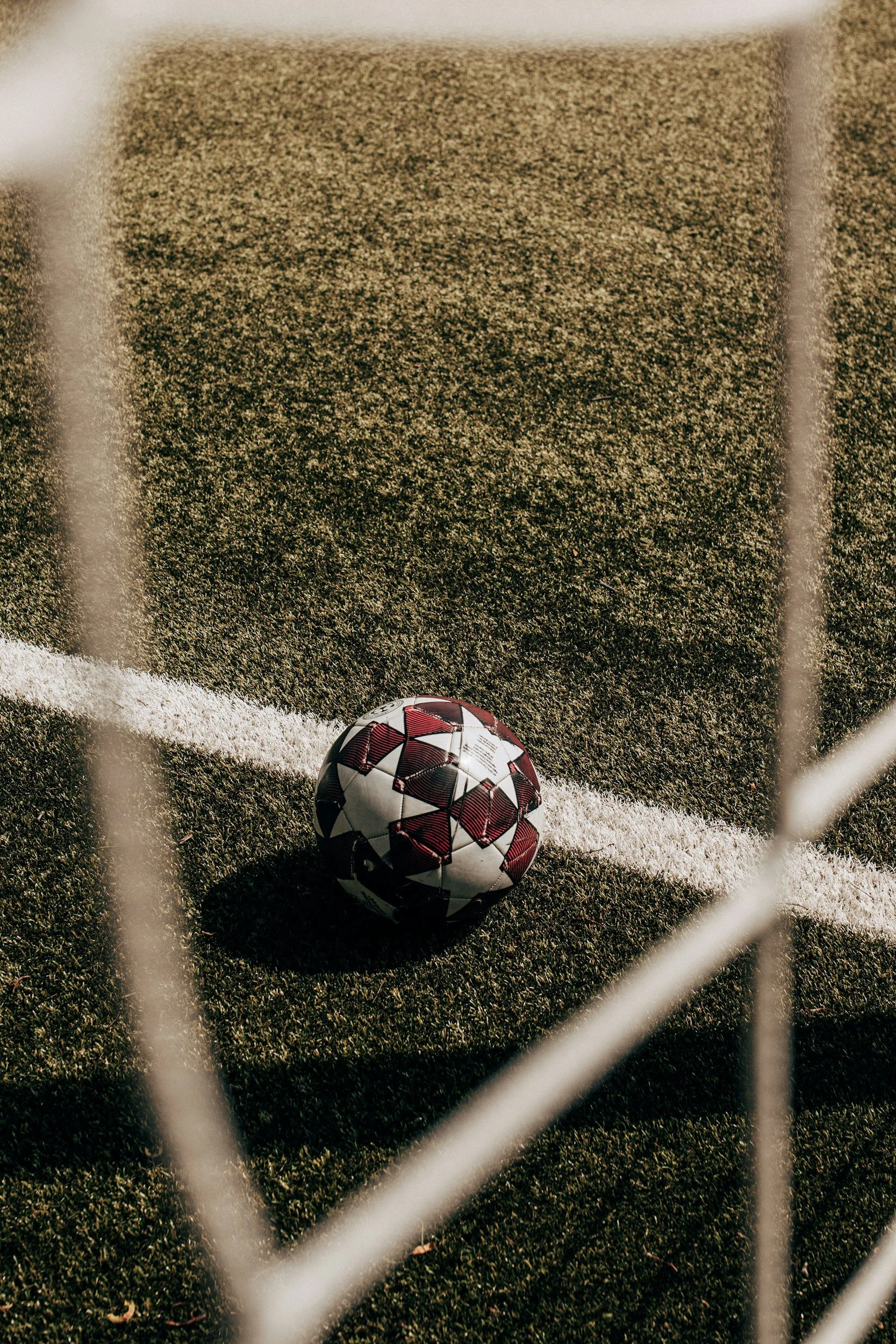 Soccer ball on a grass field, seen through a fence.