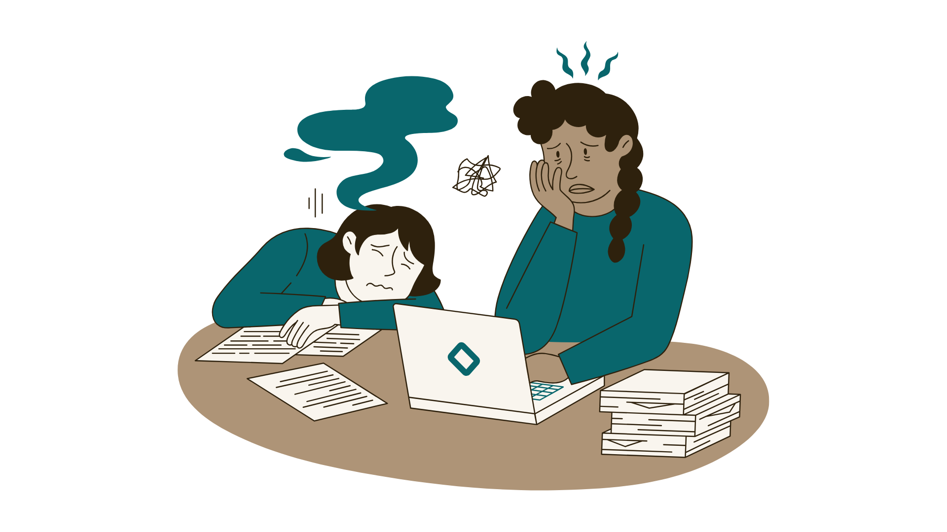 two people at a desk staring at their computer looking exhausted and overworked