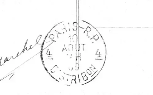 Close-up of a circular stamp with the text "Paris" and a vertical line in the center, partial handwritten text is visible.