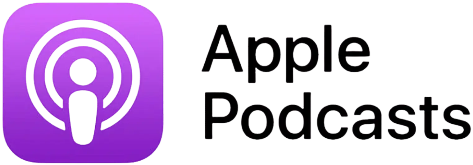 Apple Podcasts logo with a purple background and a black text that reads "Apple Podcasts".