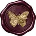 Close-up of a butterfly-shaped wax seal on burgundy paper.
