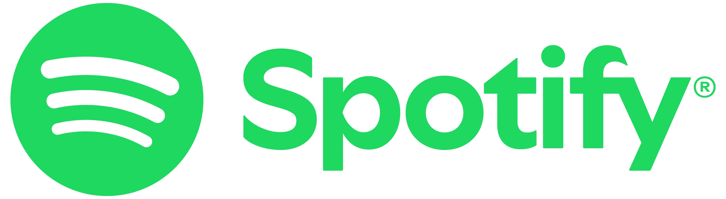 Spotify logo with green circle containing black sound waves and the word 'Spotify' in green text.